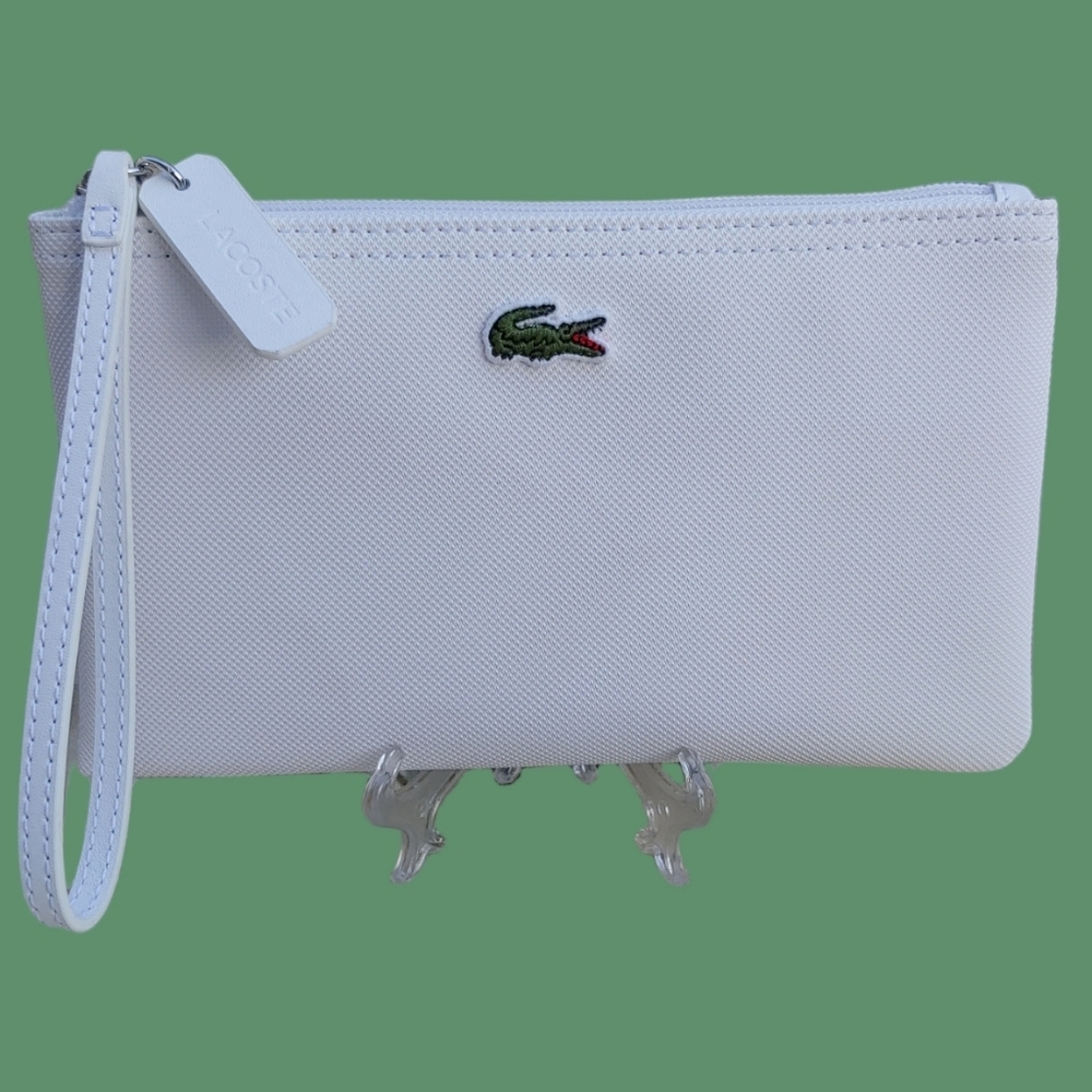 Lacoste Zip Clutch Wristlet in White with Iconic Logo 8.5" x 5"